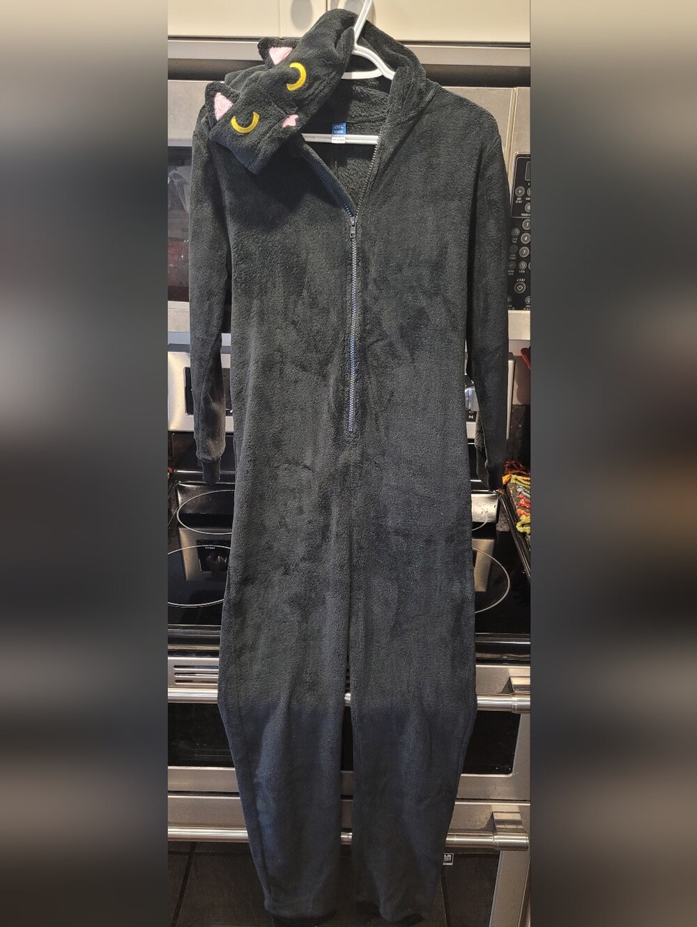 Old Navy Black Plush Hooded Onesie with Cat Face Hood